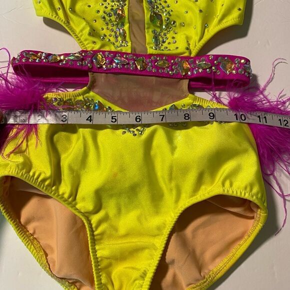 Glamour solo dance costume hot pink neon yellow Feather rhinestone bedazzled LC - Picture 9 of 15